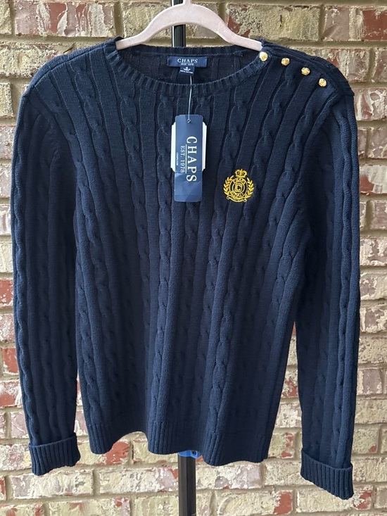 Chaps Sweaters - NWT Chaps Navy Blue Cable Knit Sweater Gold Crest Button Shoulder Size S